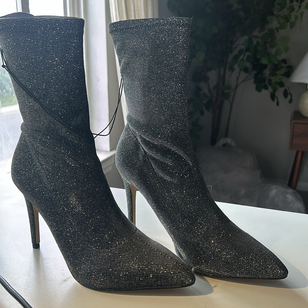 NWT Express Black Sparkle High Heel Sock Boots - Picture 2 of 7